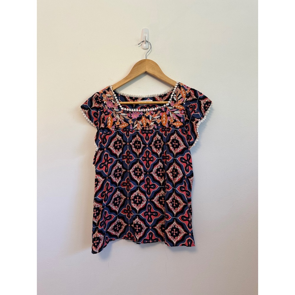 THML Navy and Pink Geometric Embroidered Pom Pom Square Neck Blouse | Size Small